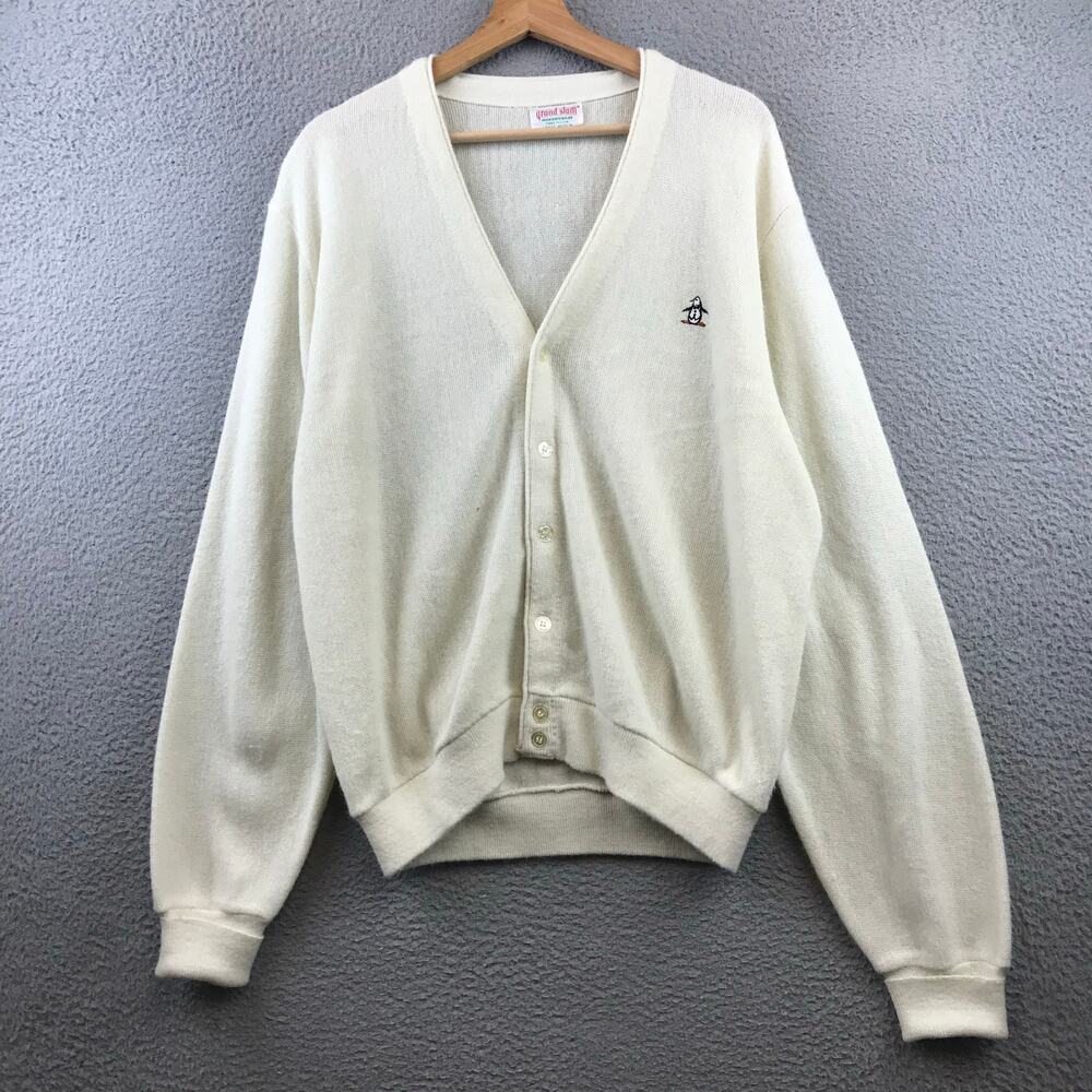 VTG 80's Munsing Wear Grand Slam‎ Cardigan Sweater Penguin Logo L Grandpa